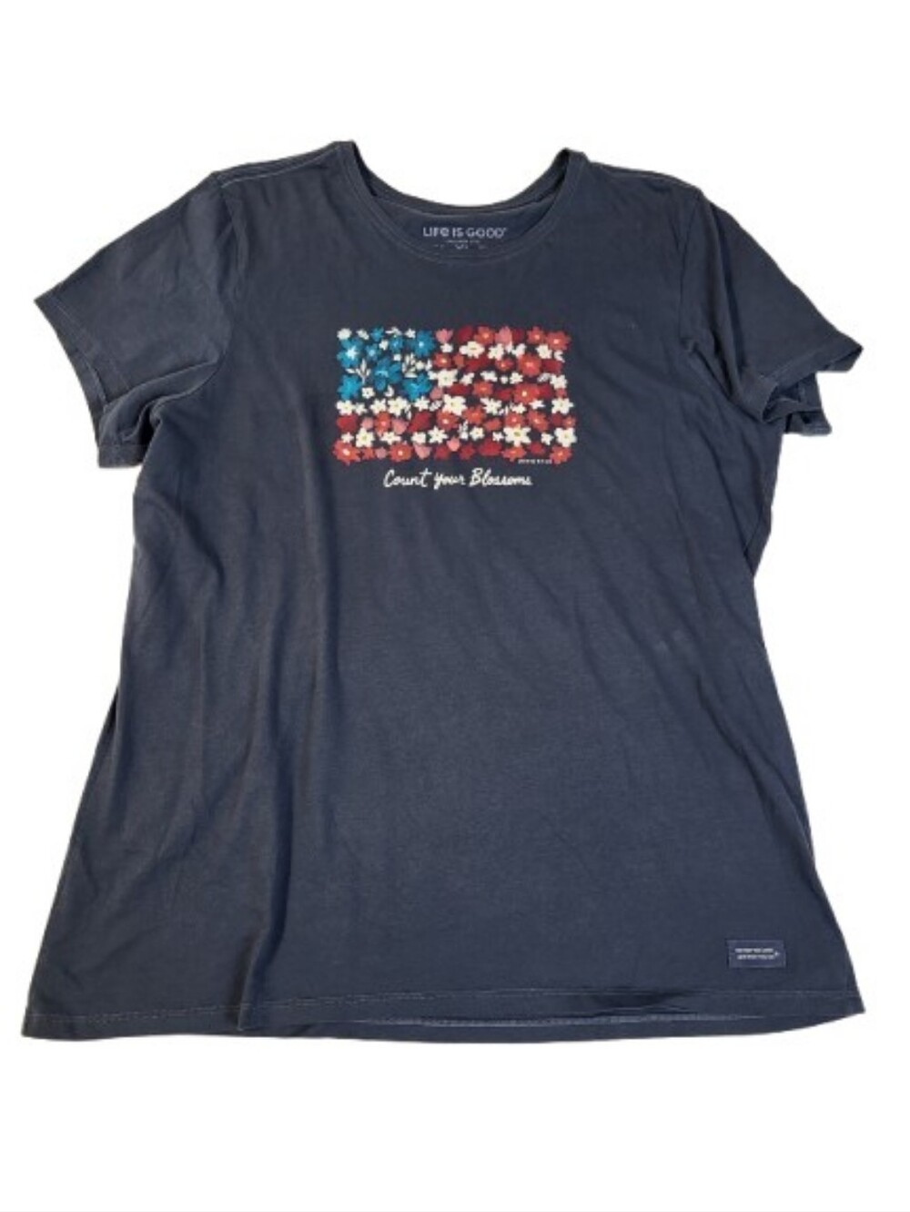 Life is Good Count Your Blossoms Crusher Vee TShirt Navy Floral Flag Patriotic
